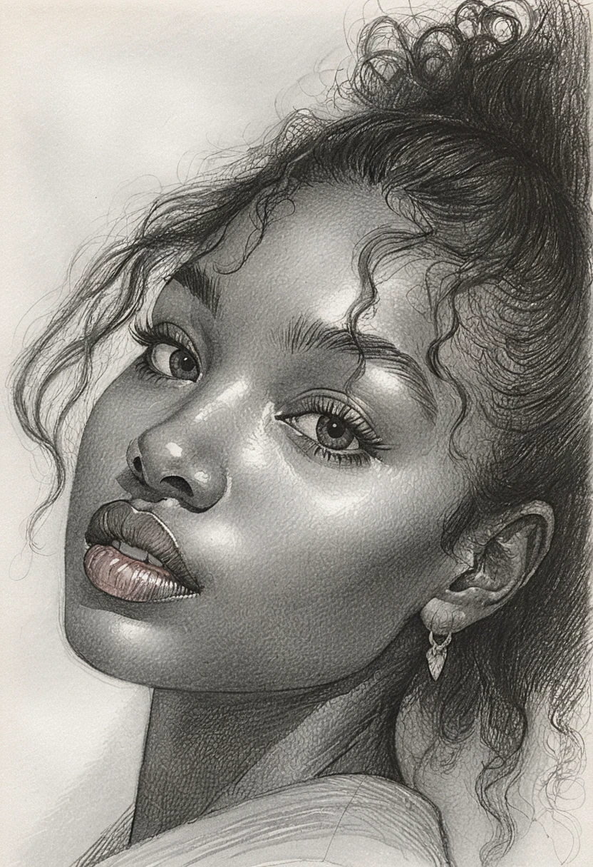 Graphite portrait of a young black woman gazing upward