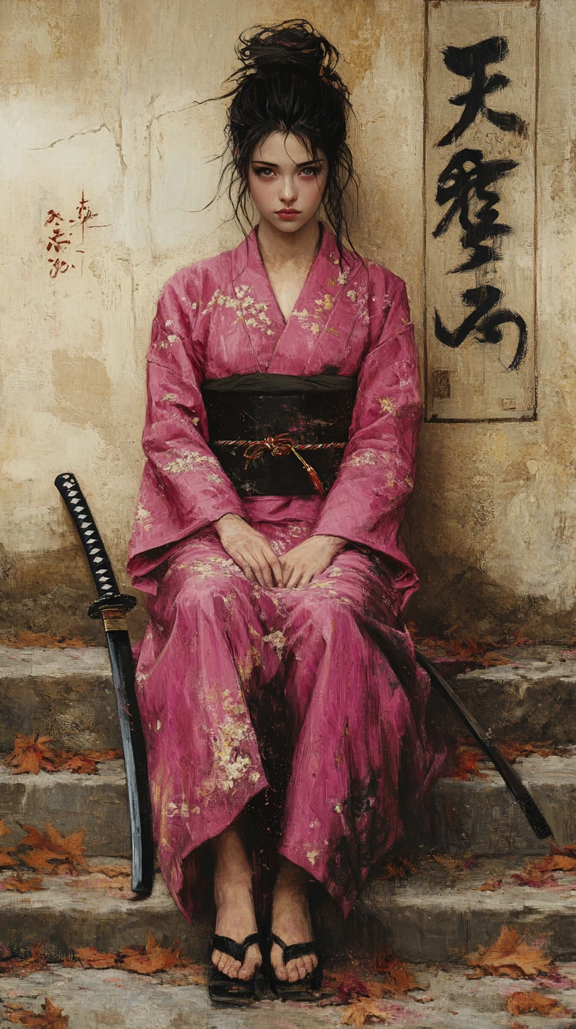 Young woman in pink kimono seated on stone steps