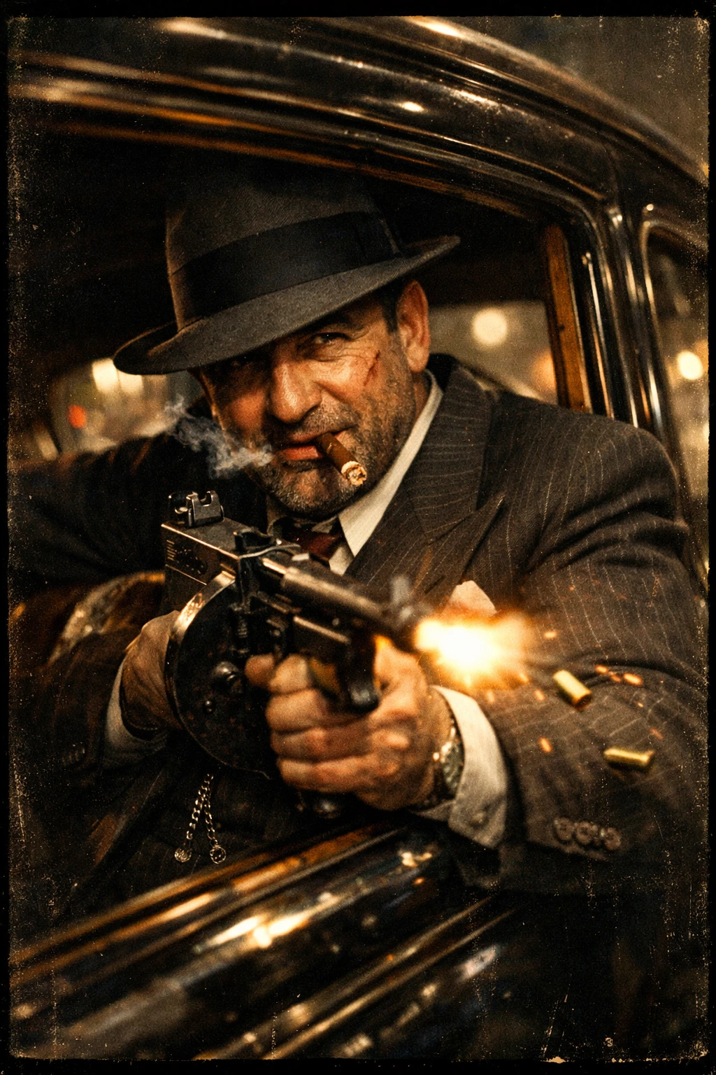 Vintage-Gangster im Auto, der mit einer Thompson-Maschinenpistole zielt