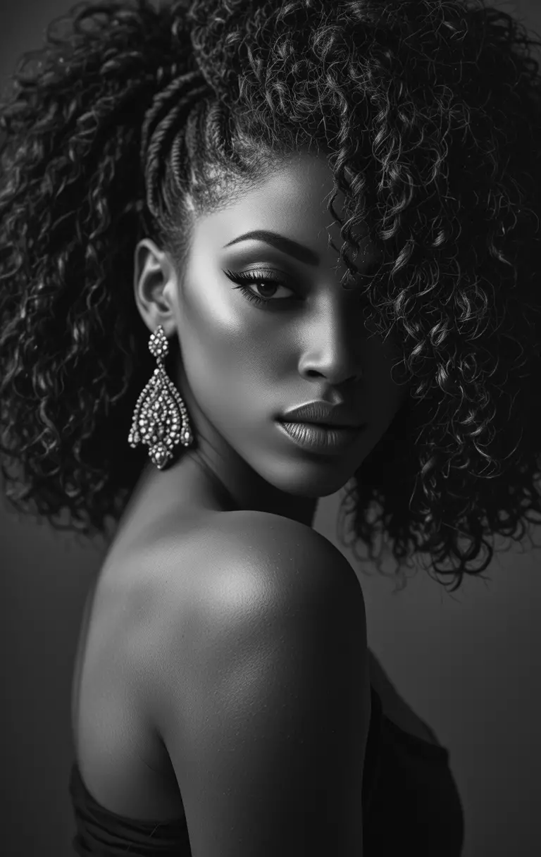 Black and white portrait of a woman with curly afro hair