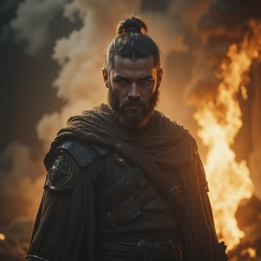 Stoic warrior before flames in dramatic side light