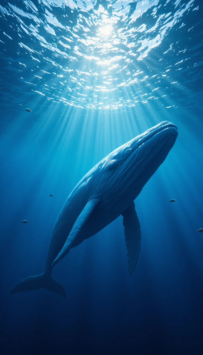 Massive blue whale gliding through sunlit deep ocean