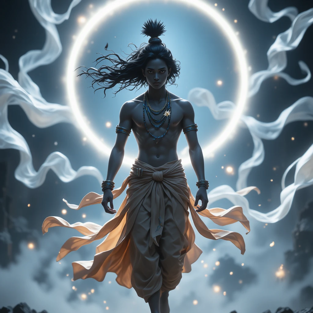 Guerriero divino in stile anime che cammina tra energia spirituale luminosa