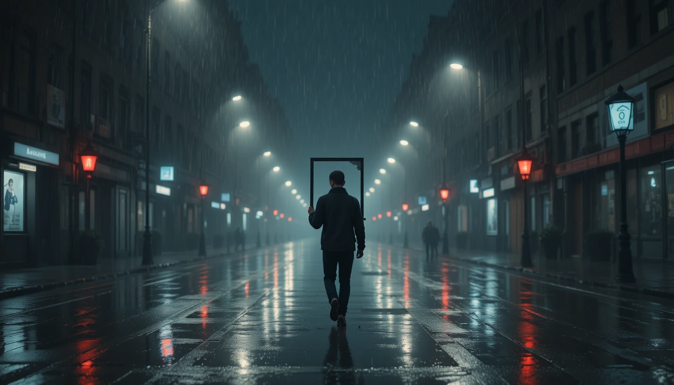 Lonely figure walking in rain on an empty city street