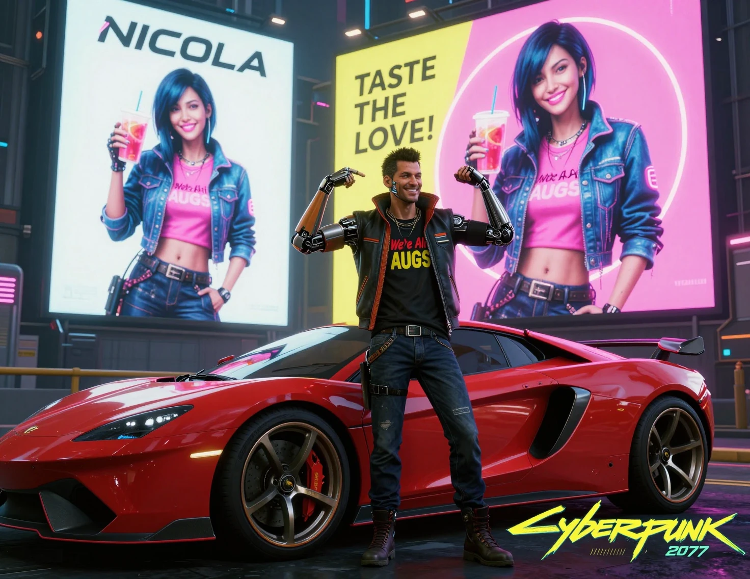 Cyberpunk-Mann, der nachts neben rotem Sportwagen posiert