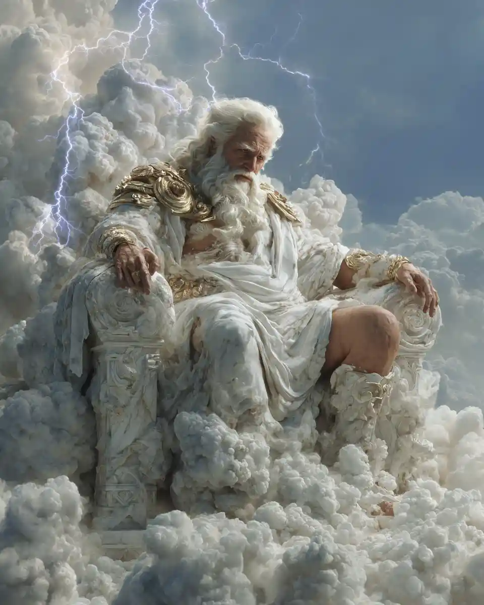 Elderly thunder god on a marble throne in clouds