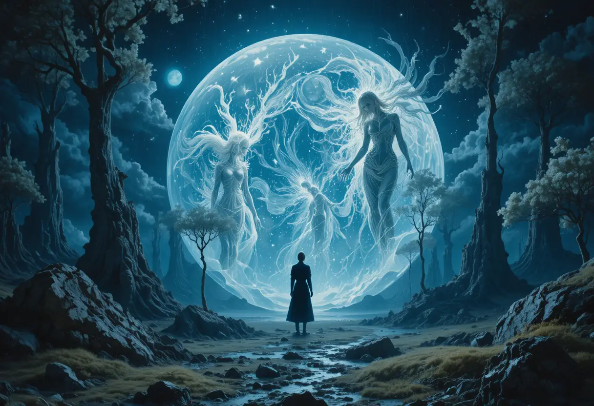 Leuchtender Spiegel in einer mystischen abstrakten Traumlandschaft bei Nacht