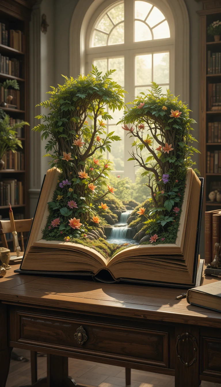 Livro antigo aberto revelando um mundo exuberante de floresta tropical