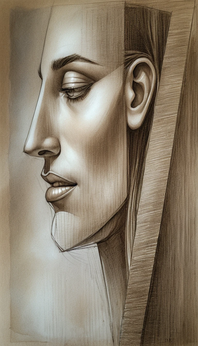 Desenho de retrato de perfil em grafite e carvão com inspiração cubista