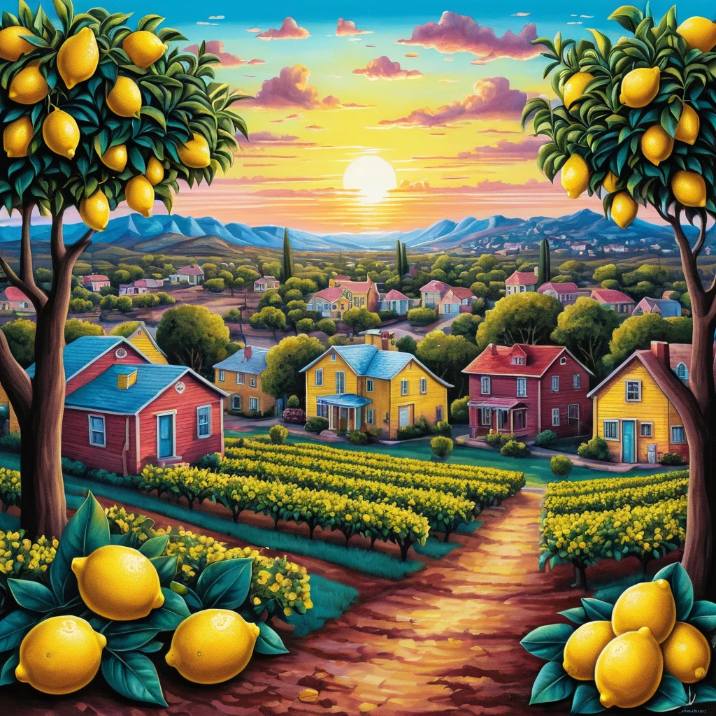 Limonaia estiva e cittadina al tramonto a matita colorata