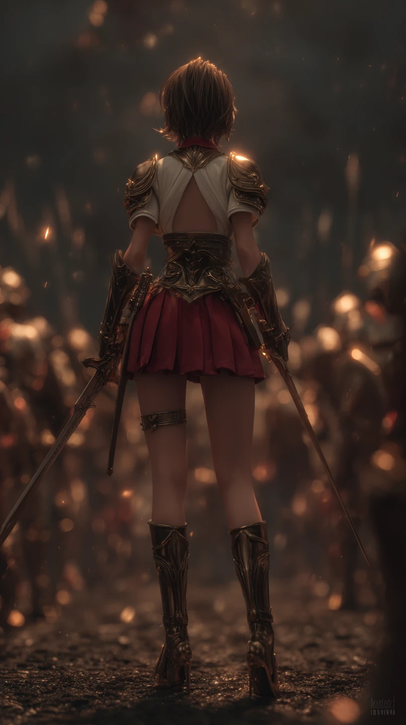 3d warrior woman in armor poised for battle at night