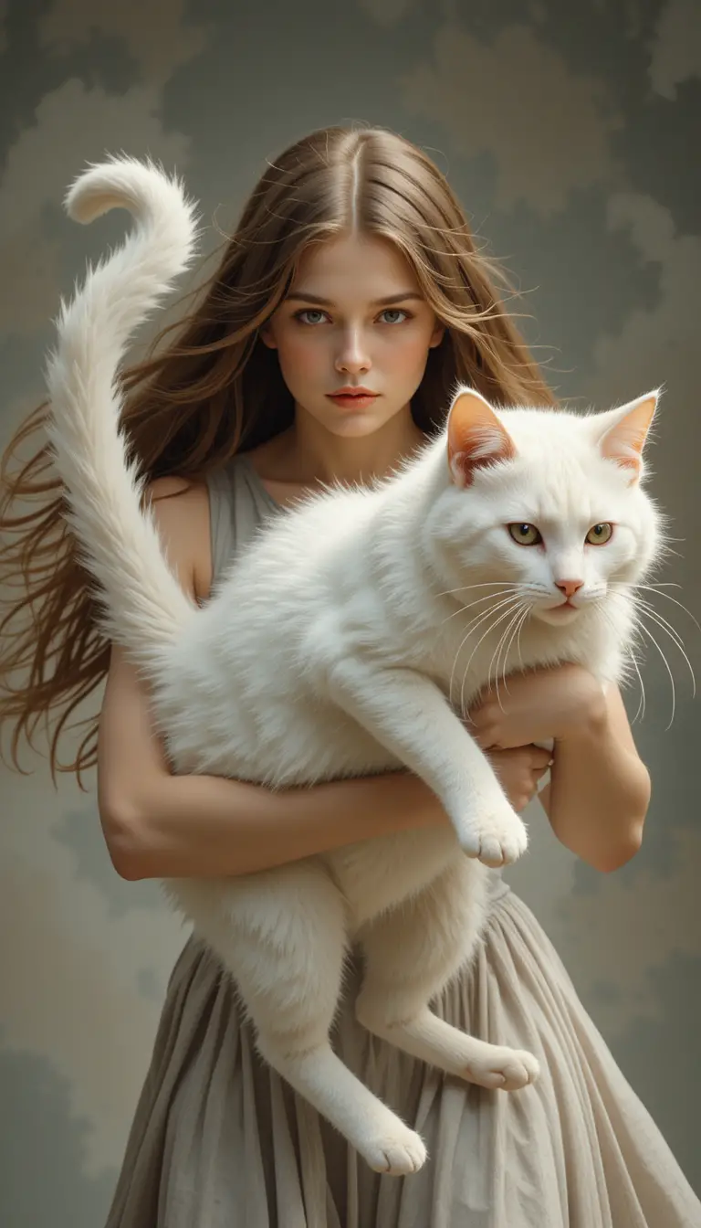 Woman Holding A White Cat By The Tail In Classical Style