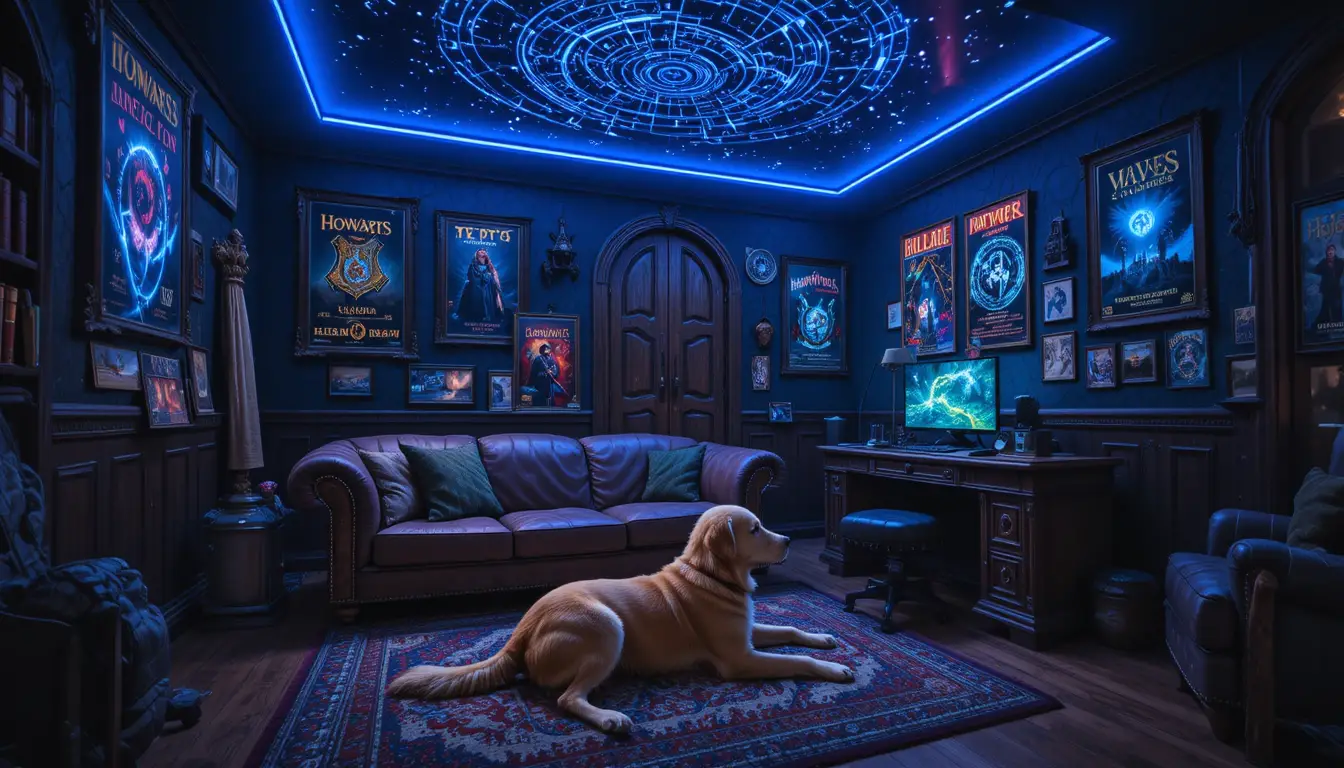 Accogliente stanza da gaming al neon con ragazzo e fedele golden retriever