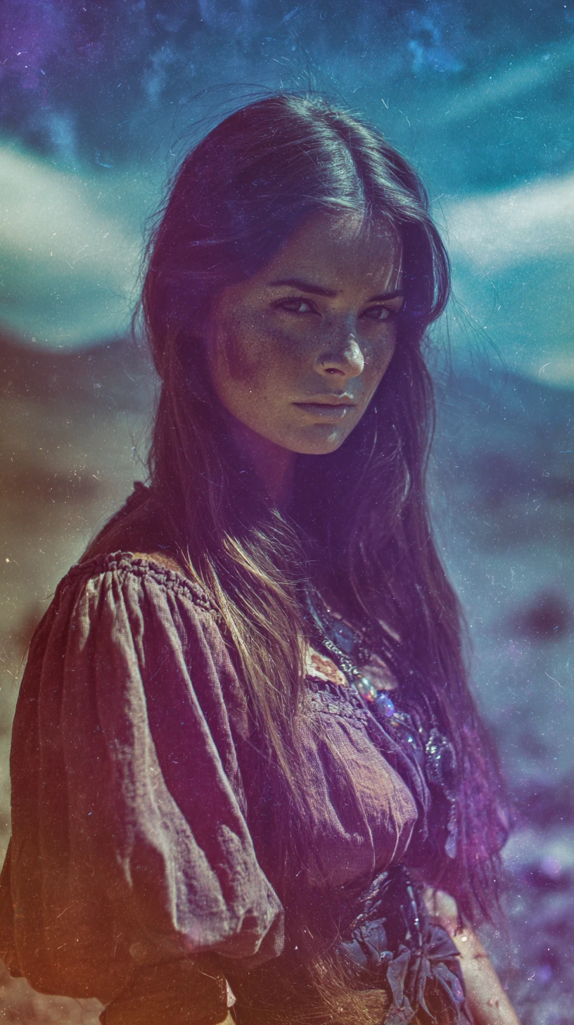 Retrato etéreo de uma mulher fantástica e atemporal sob um céu imenso