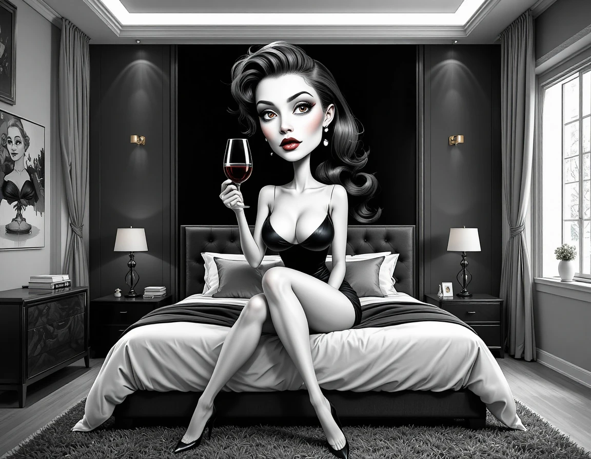 Sensual black and white woman on bed with wine glass