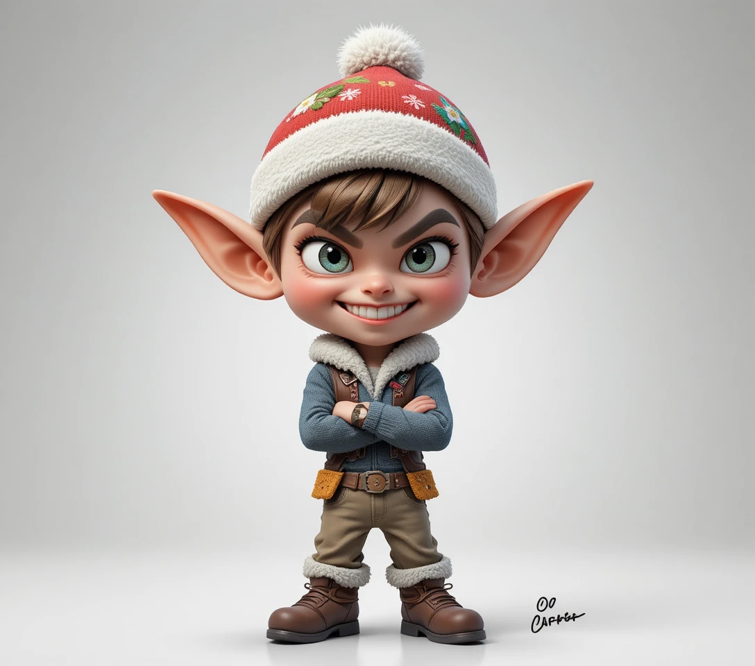 Goblin cartunesco brincalhão com roupa de inverno festiva em fundo branco