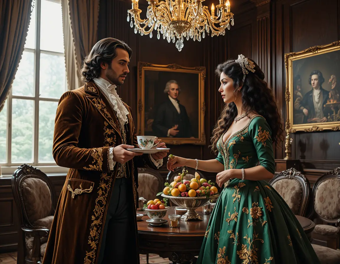 Élégant couple baroque partageant un thé dans un grand intérieur