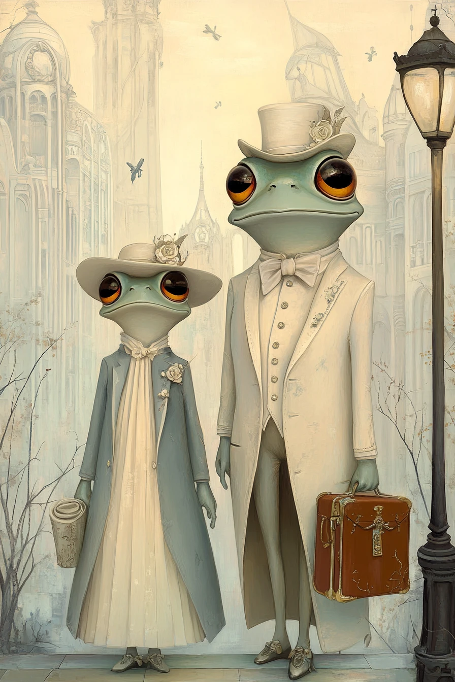 Elegant anthropomorphic frogs in a dreamy art deco city