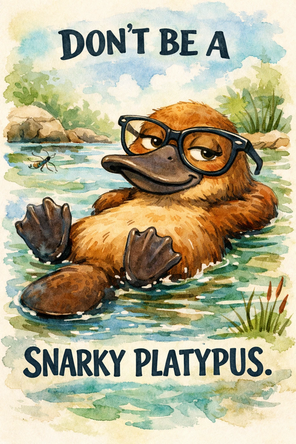 Ornitorrinco de desenho animado com óculos flutuando em um rio em aquarela
