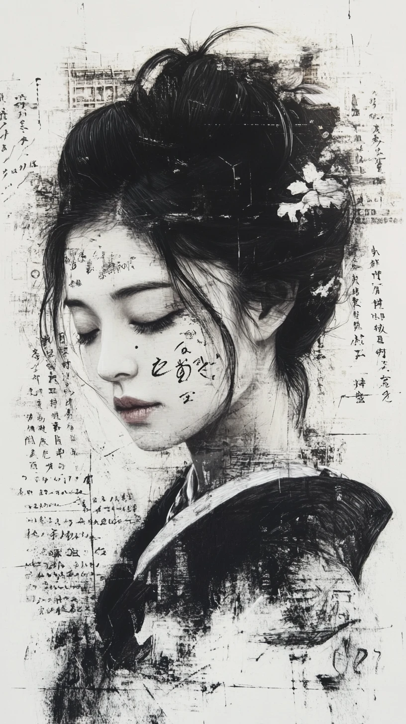 Mulher asiática contemplativa em retrato caligráfico em preto e branco