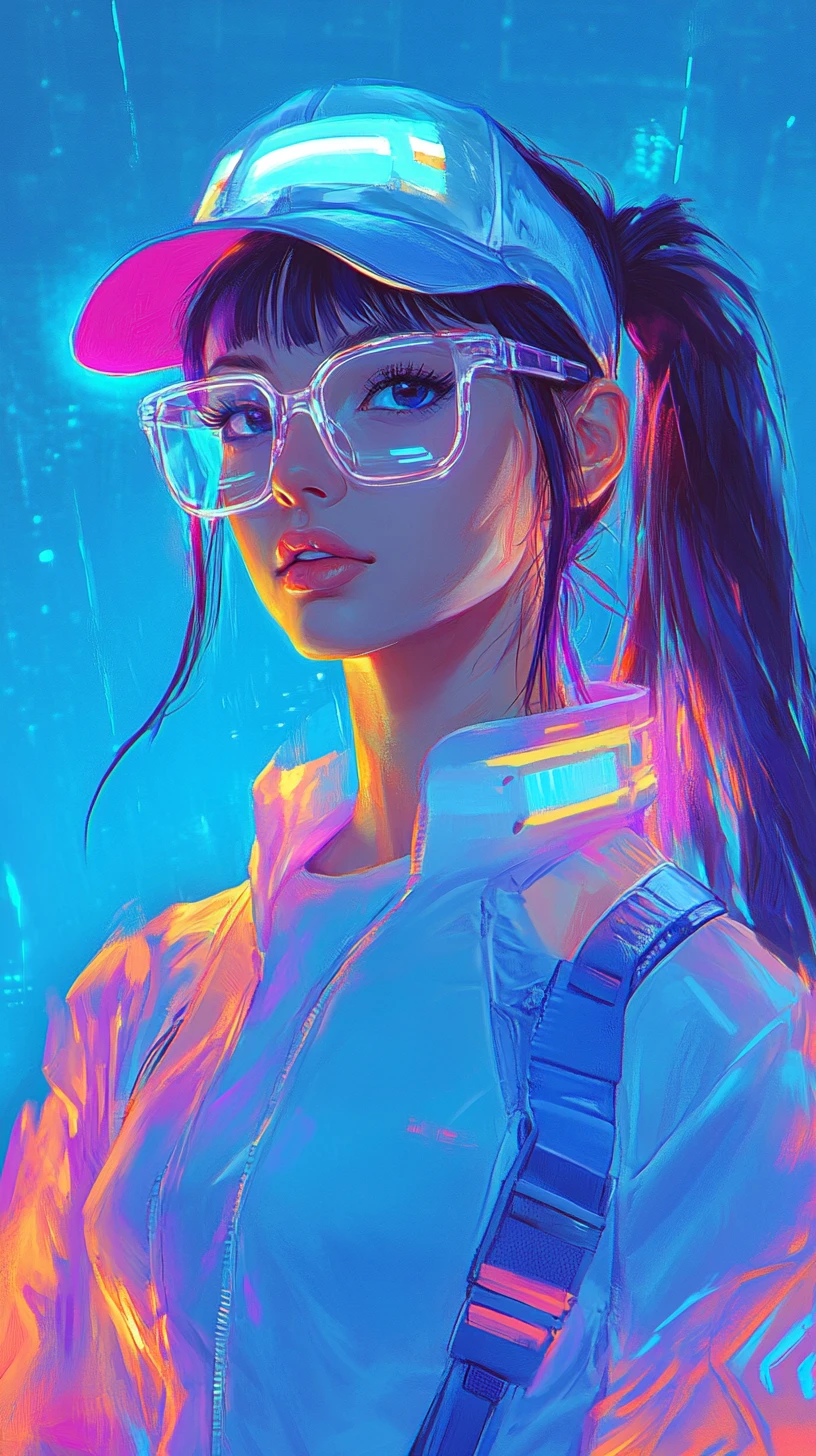 Garota energética de jaqueta azul neon em paisagem urbana digital