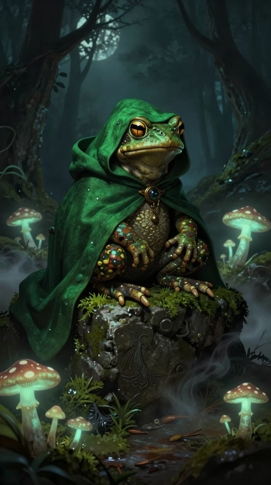Crapaud Mystique en Cape sur une Pierre dans une Forêt au Clair de Lune