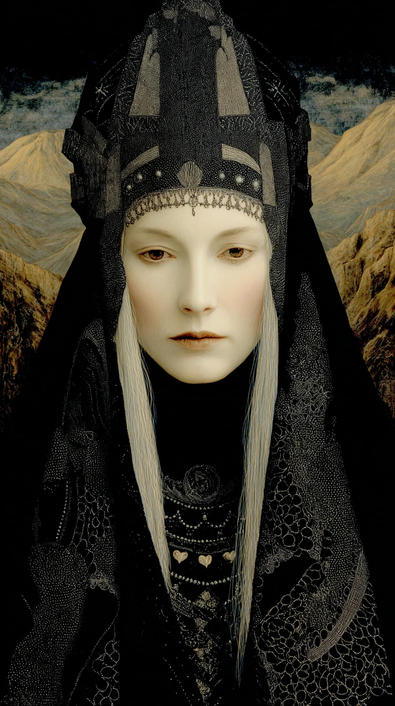 Chiaroscuro portrait of an ageless supernatural woman in conflict
