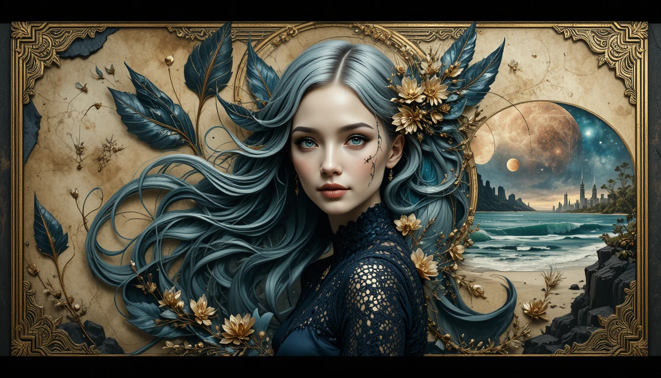 Abstract metallic leaves with serene woman portrait