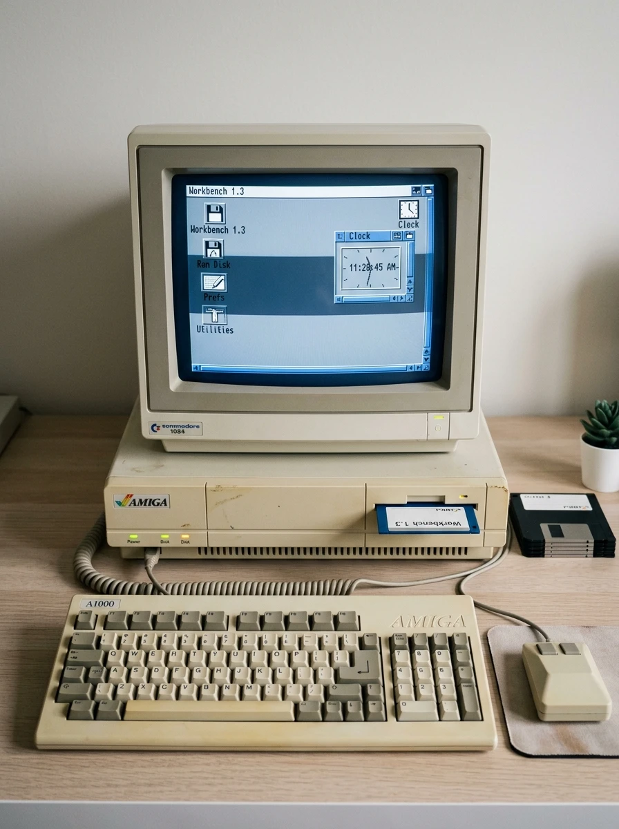Amiga 1000とワークベンチ画面のヴィンテージコンピュータワークステーション