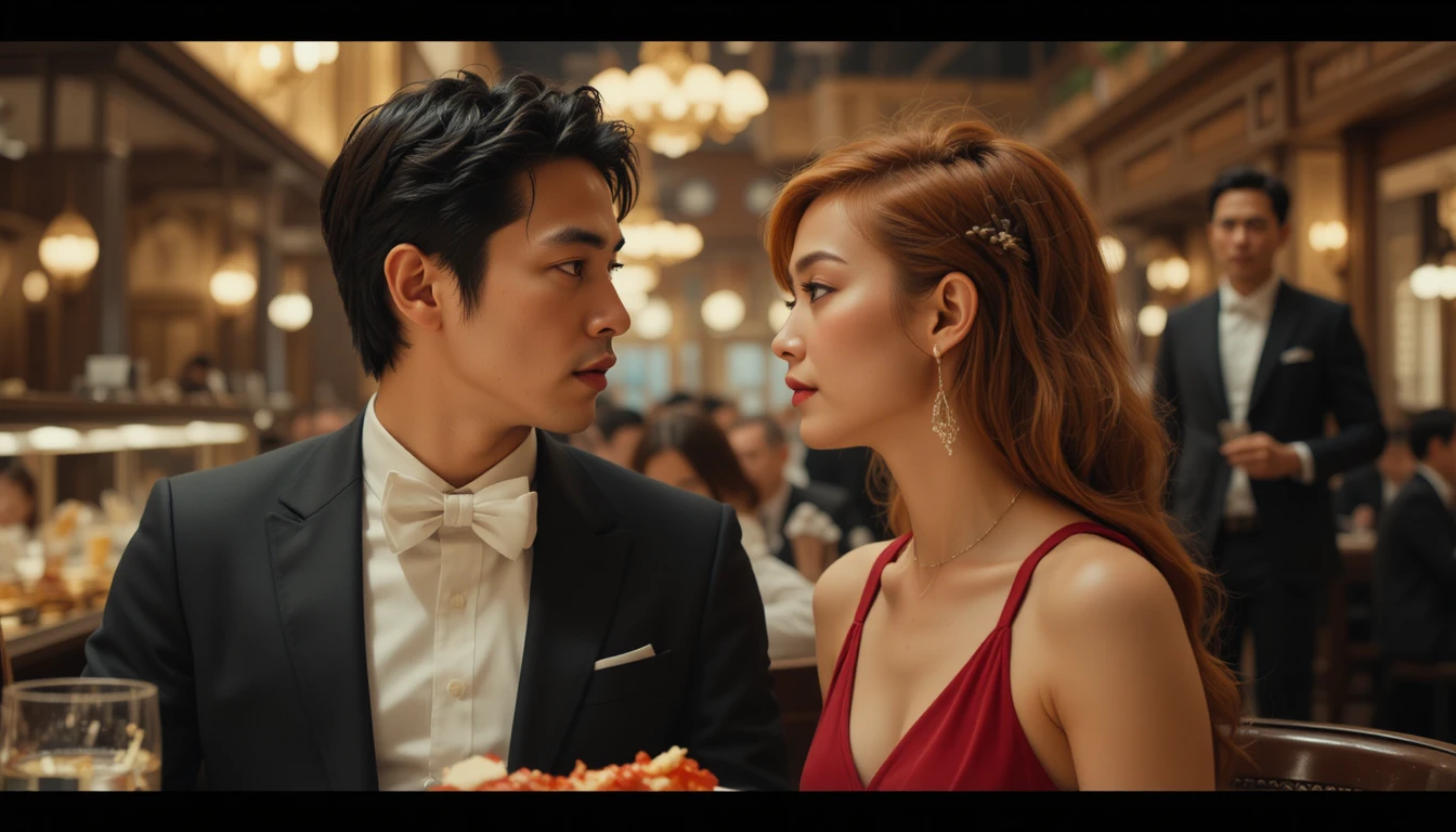 Romantic couple in a busy restaurant cinematic moment