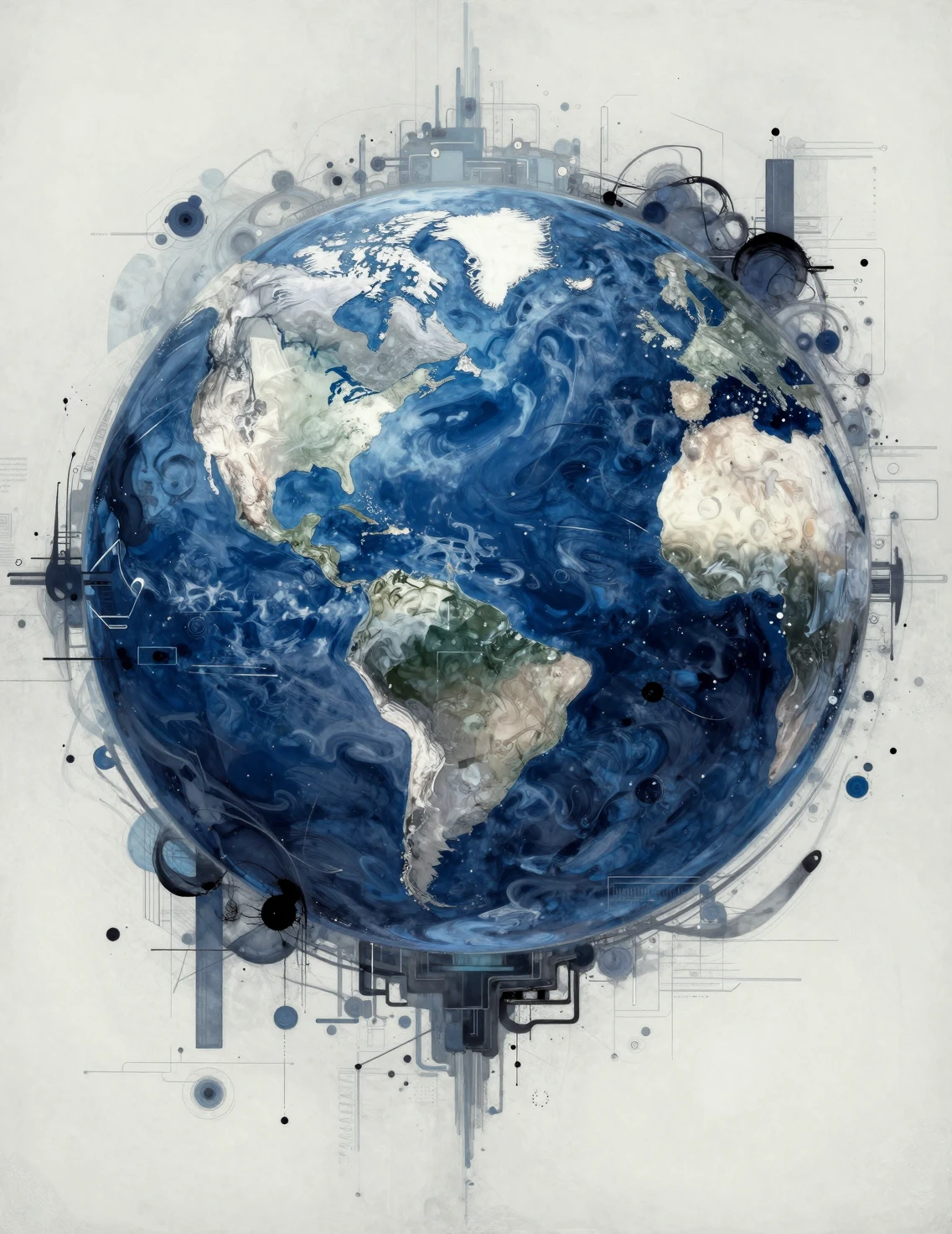 Mystical futuristic abstract interface in blue and white tones