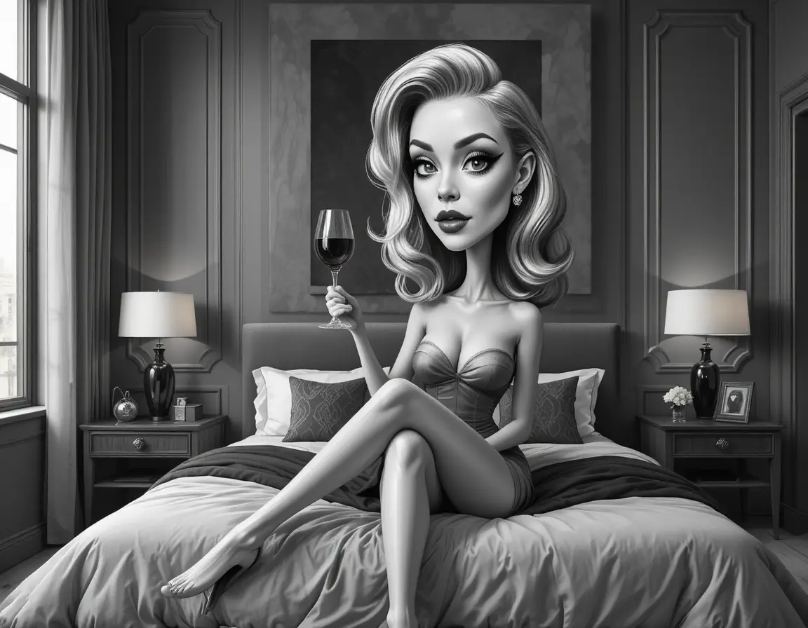 Mujer sensual en blanco y negro en dormitorio moderno