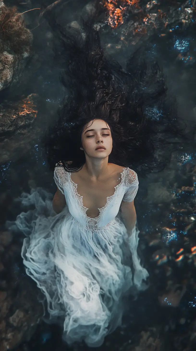 Young woman in swirling blue ethereal energy on rocks