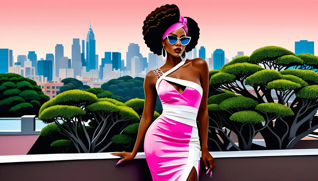 Stylish black woman on luxury rooftop in paper cut collage