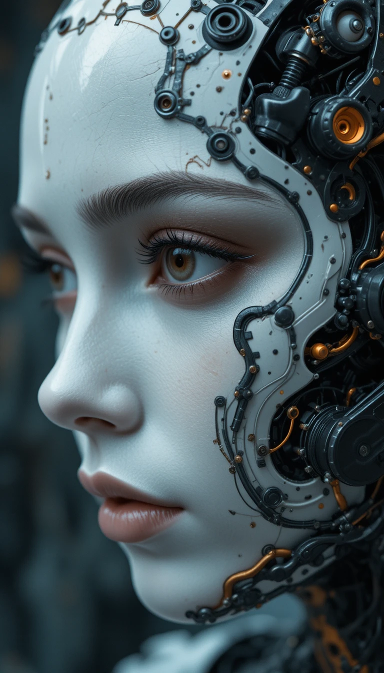 Dystopian cyborg portrait with porcelain skin and orange accents