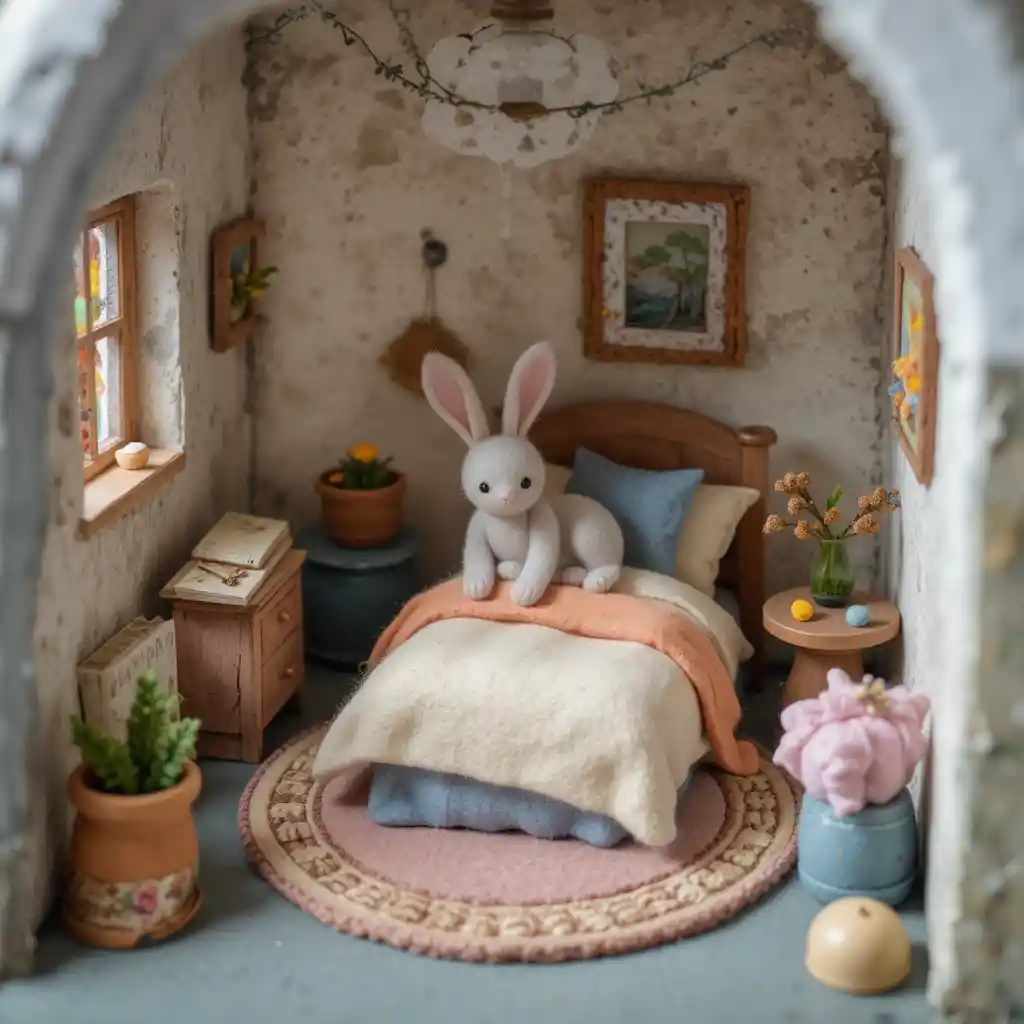 Cozy miniature felt bedroom with tiny bed and rug