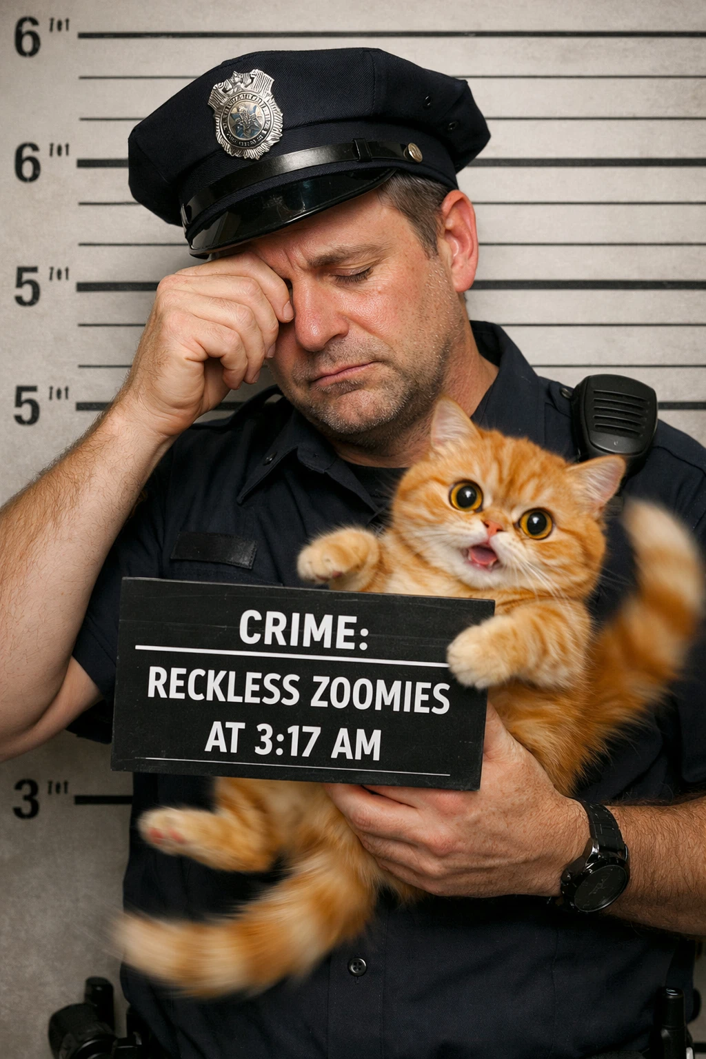 Policial exausto segurando gato hiperativo em cena de foto de ficha criminal