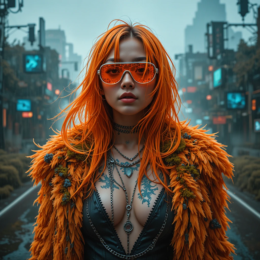 Glitch art close up of a woman in a neon fur coat