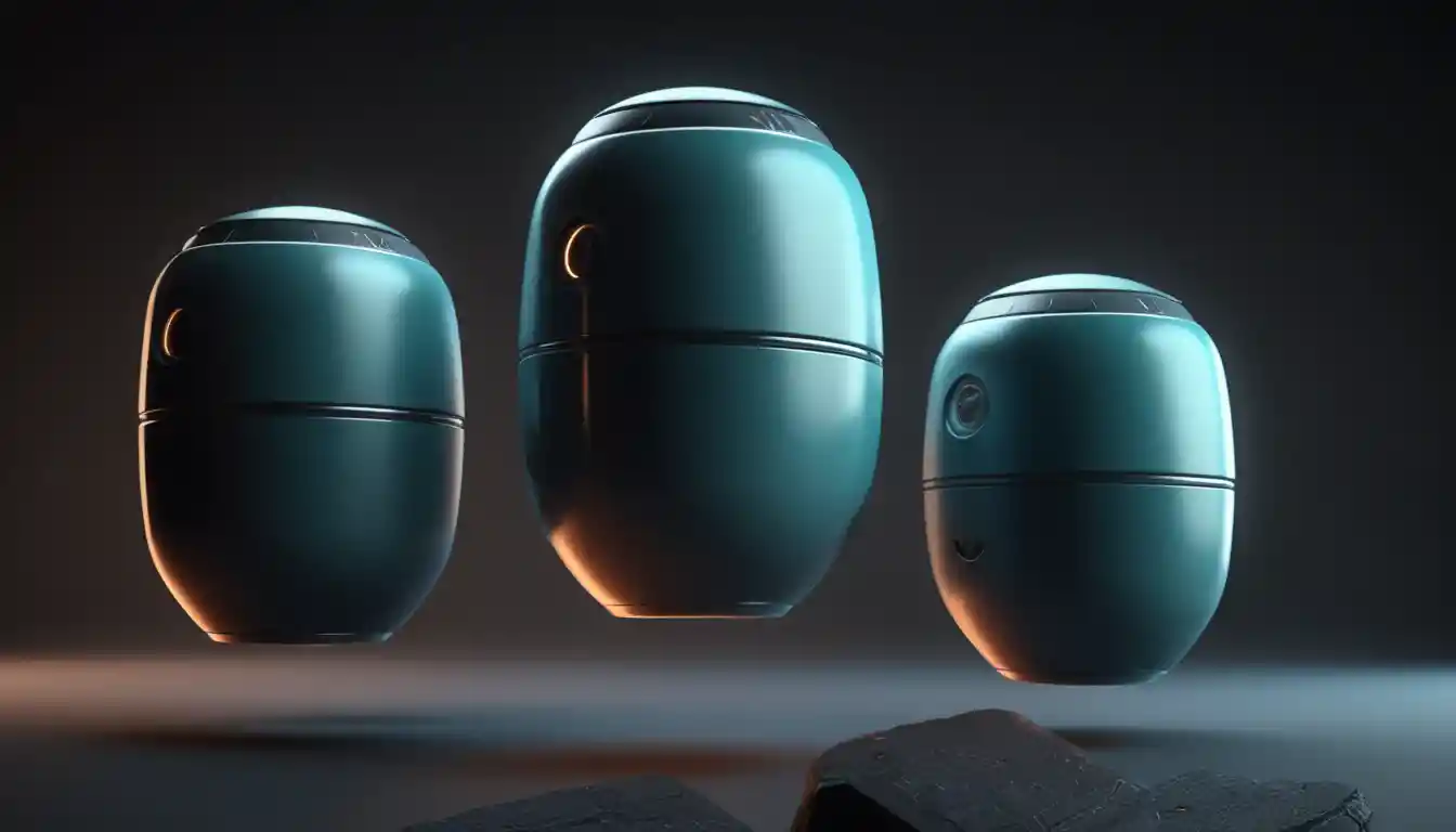 Três contêineres futuristas antigravidade em renderização suave de estúdio