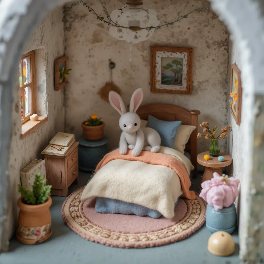 Accogliente camera da letto in miniatura in feltro con piccolo letto e tappeto