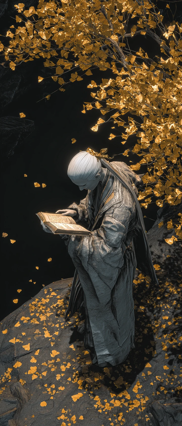 Anime woman reading under a glowing golden tree in cave