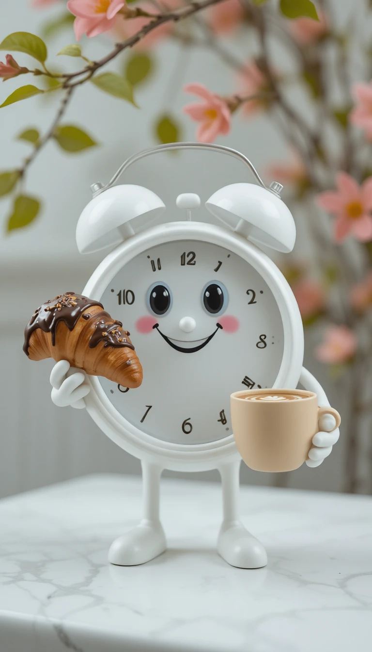 Cartoon alarm clock holding croissant and latte in garden