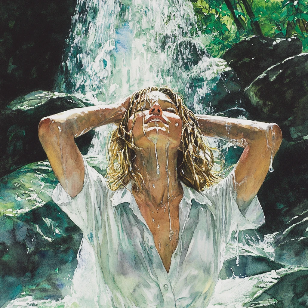 Mujer sonriendo bajo una cascada en plena naturaleza