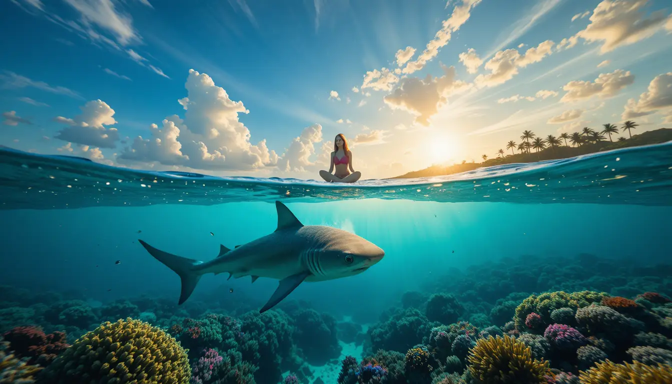 Cinematic split view of tropical shark and sunset sky
