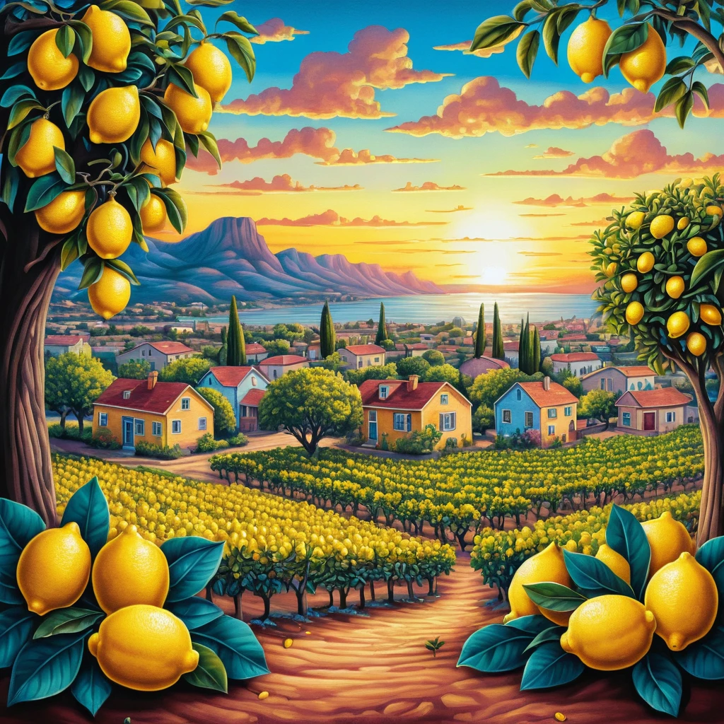 Colorata cittadina tra i limoneti al tramonto in disegno cartoon