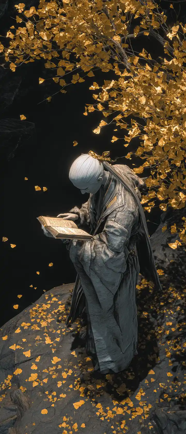 Anime woman reading under a glowing golden tree in cave
