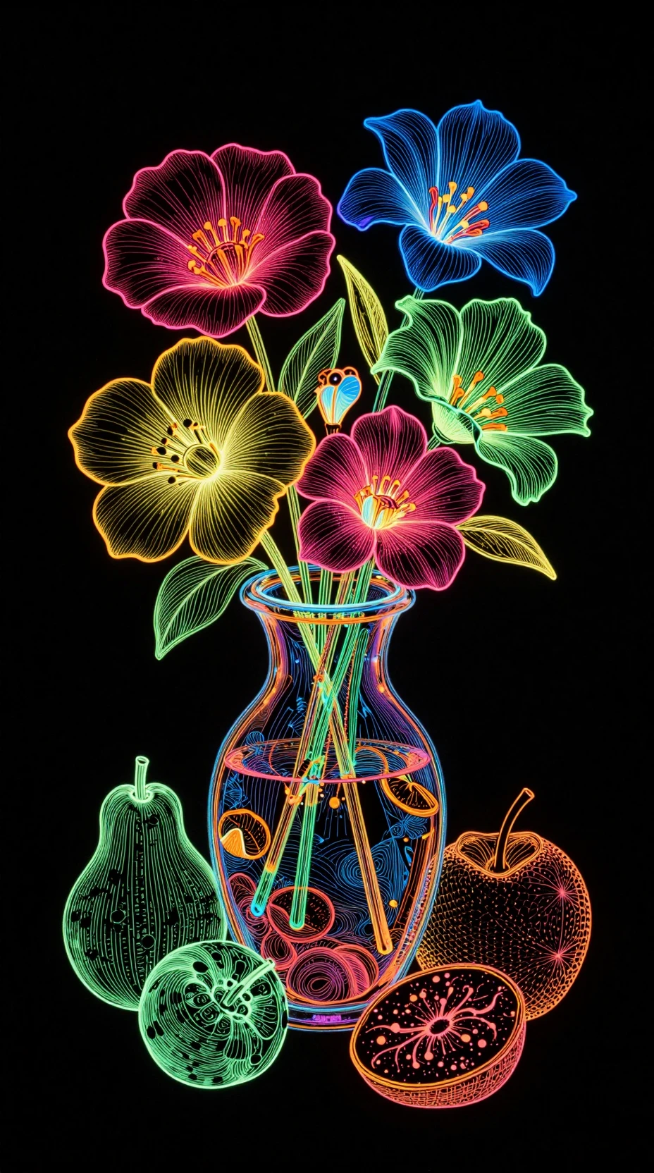 Nature morte fluorescente de fleurs et de fruits en une seule ligne