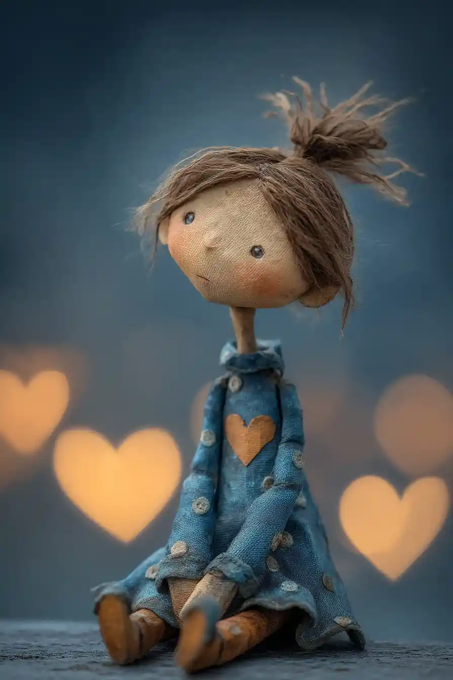 Pensive corrugated paper girl with heart shaped bokeh