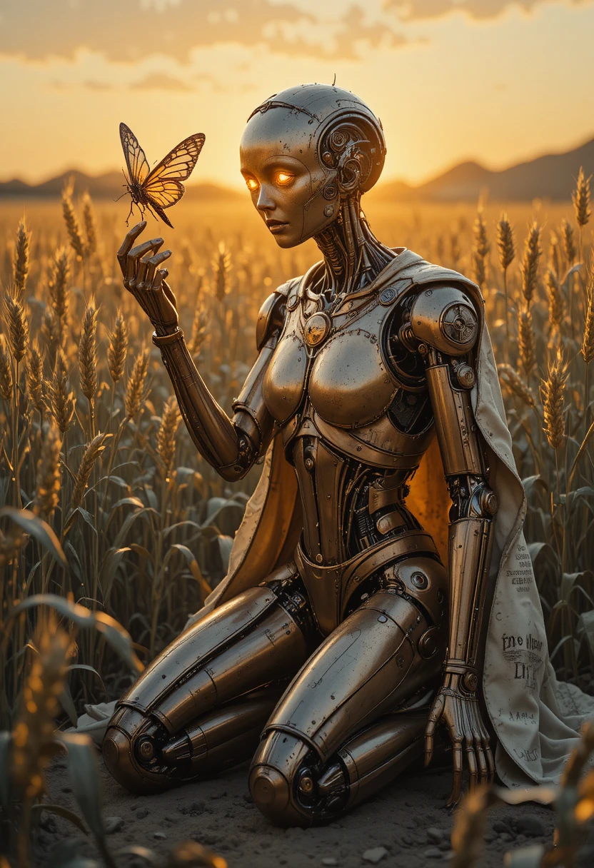 Kneeling brass android in glowing alien wheat at sunset