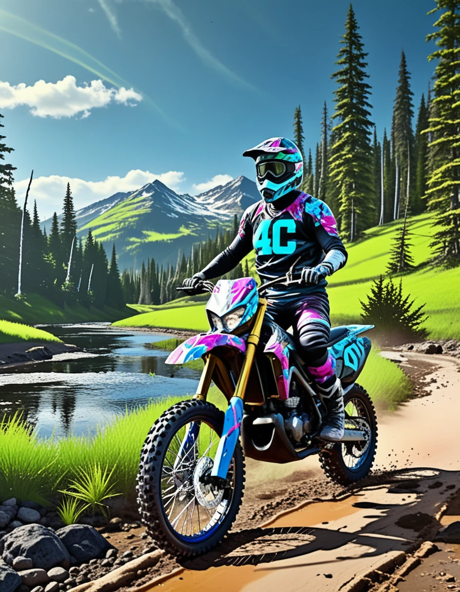 Piloto de motocross com moto off-road ao lado de um riacho cristalino em Montana